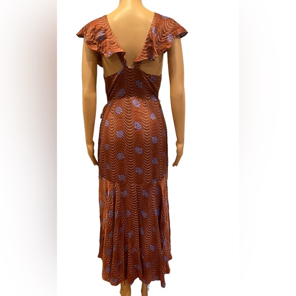 Anthropologie Ruffle Sleeve Printed Wrap Maxi Dress Brown Motif size XS - Picture 9 of 12